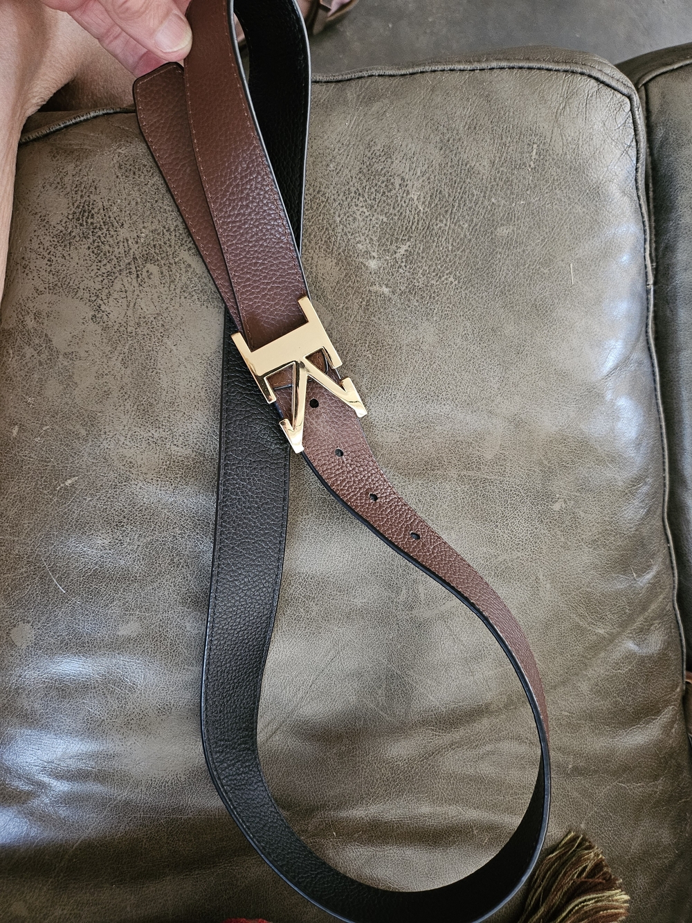 Gorgeous Classy Reversible Brown and Black Textured Leather Belt "K" Gold Buckle